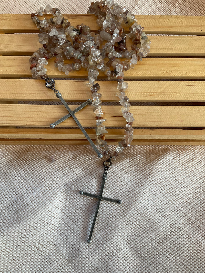 Polished River Rock Necklaces with Antiqued Cross & Rhinestone Accent