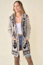 Aztec Rainbow Long Sleeve Hooded Sweater Cardigan w/Pockets TAUPE