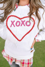 Little Daisy Closet - White Valentines Heart XOXO Graphic Textured Sweatshirt: White / Missy / M