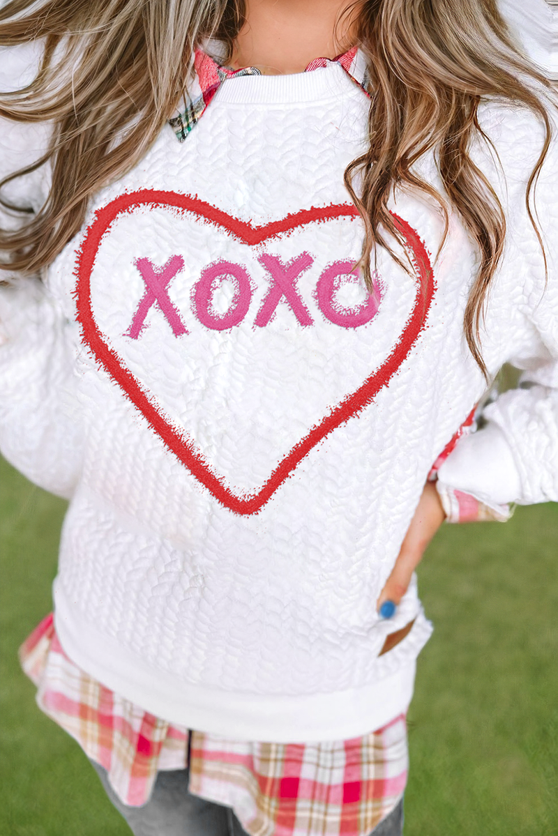Little Daisy Closet - White Valentines Heart XOXO Graphic Textured Sweatshirt: White / Missy / XL