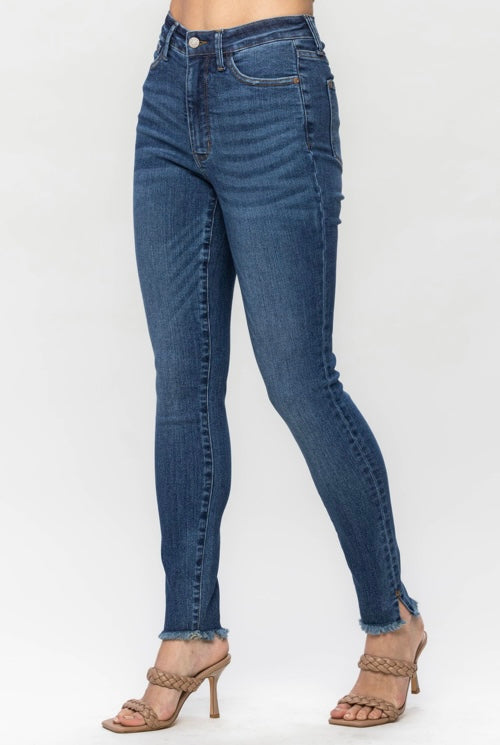 Judy Blue HW Tummy Control Side Slit Fray Hem Skinny Jeans