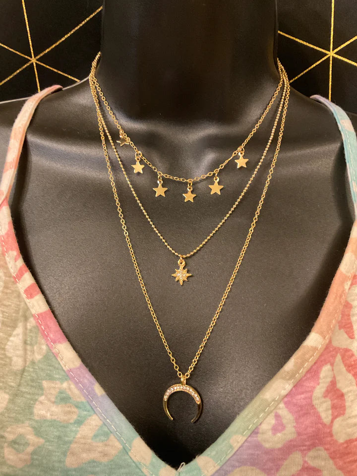 Layered triple Strand Gold Necklace With Moon & Stars