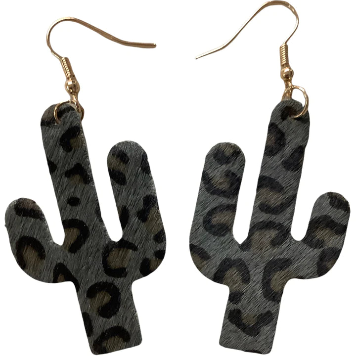 Leather Cactus Leopard Dangle Earrings
