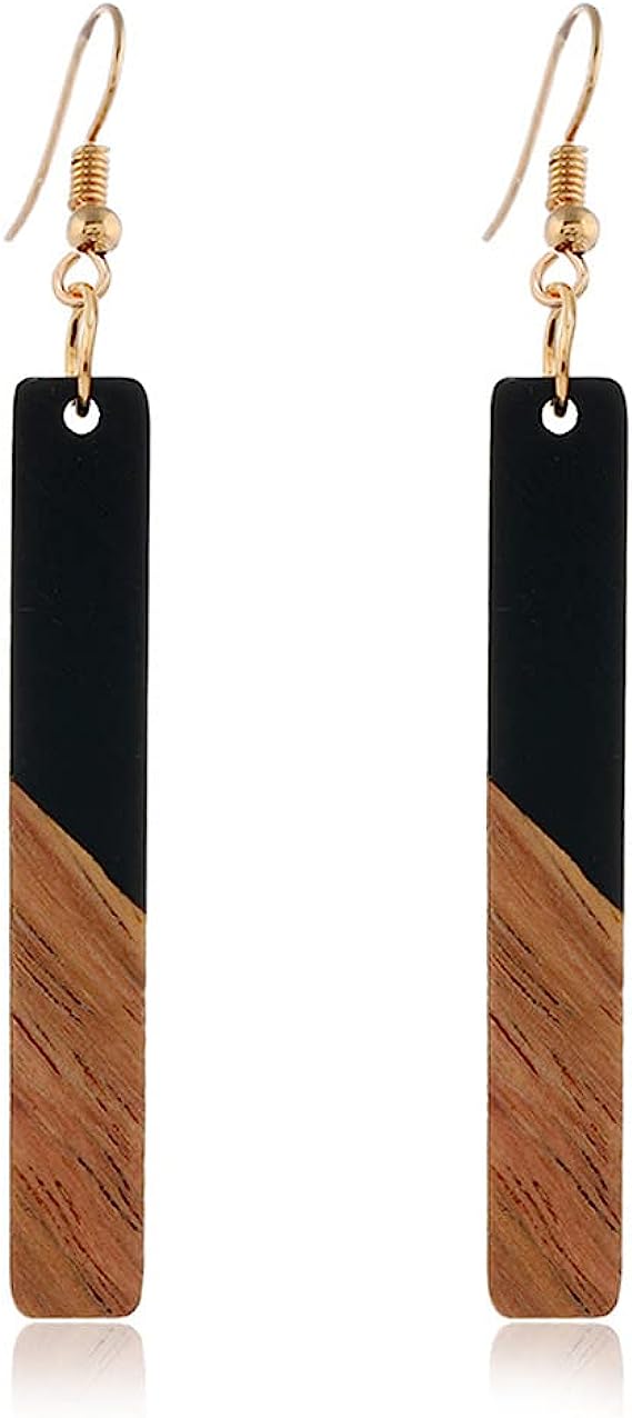 Two Toned Rectangle Wood & Resin Drop Earrings