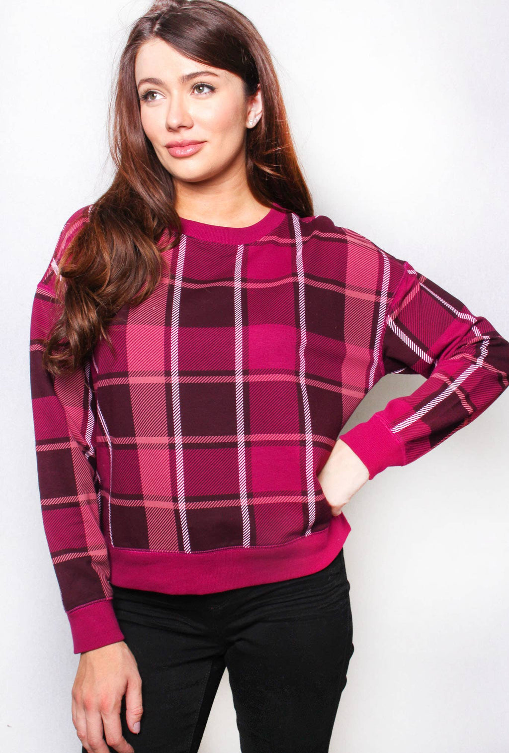 Good Stuff Apparel - Women's Round Neck Long Sleeve Checkered Sweater