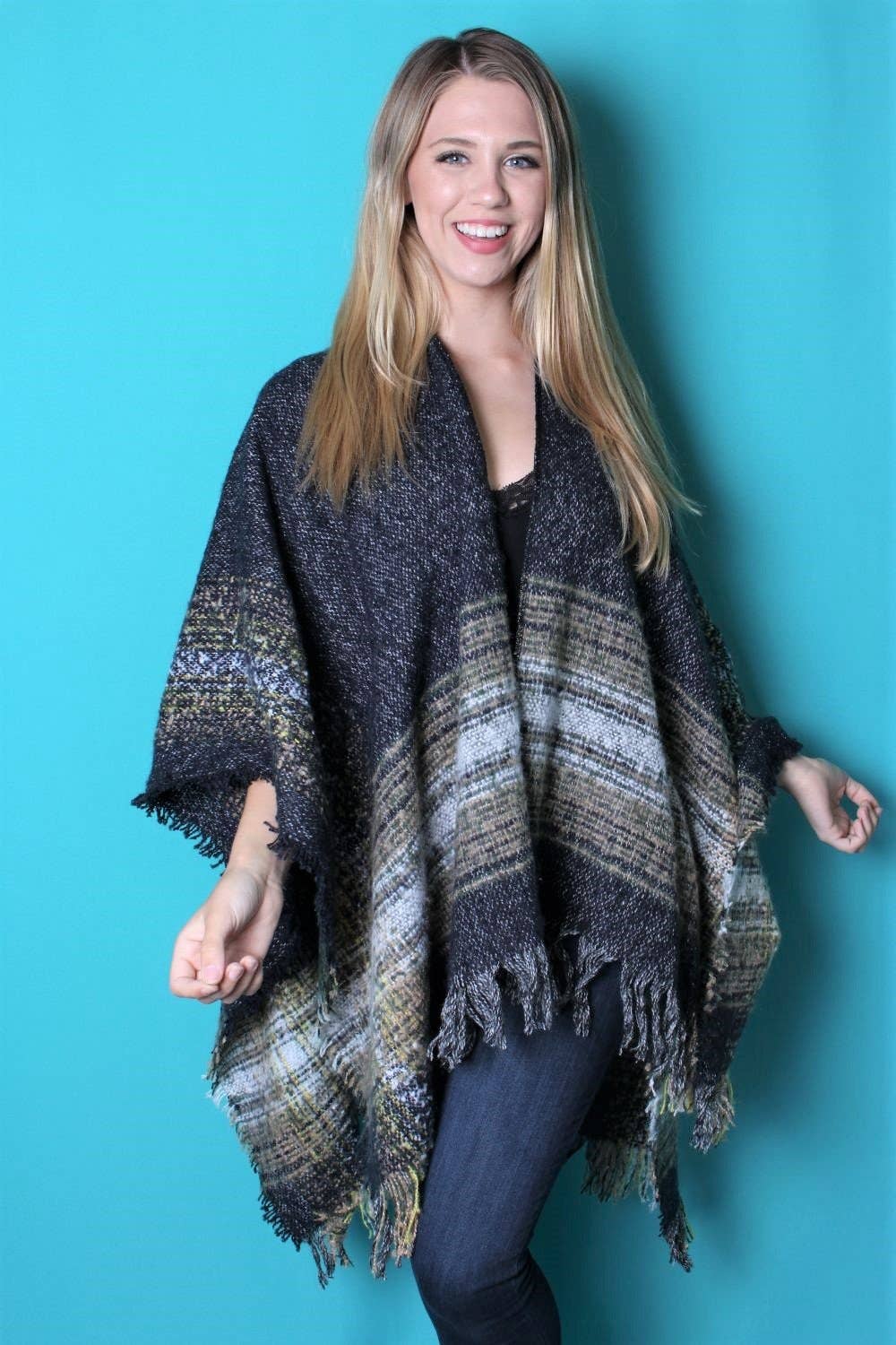 Good Stuff Apparel - Women's Drape Multi Color Poncho with Tassel: Pink / One Size