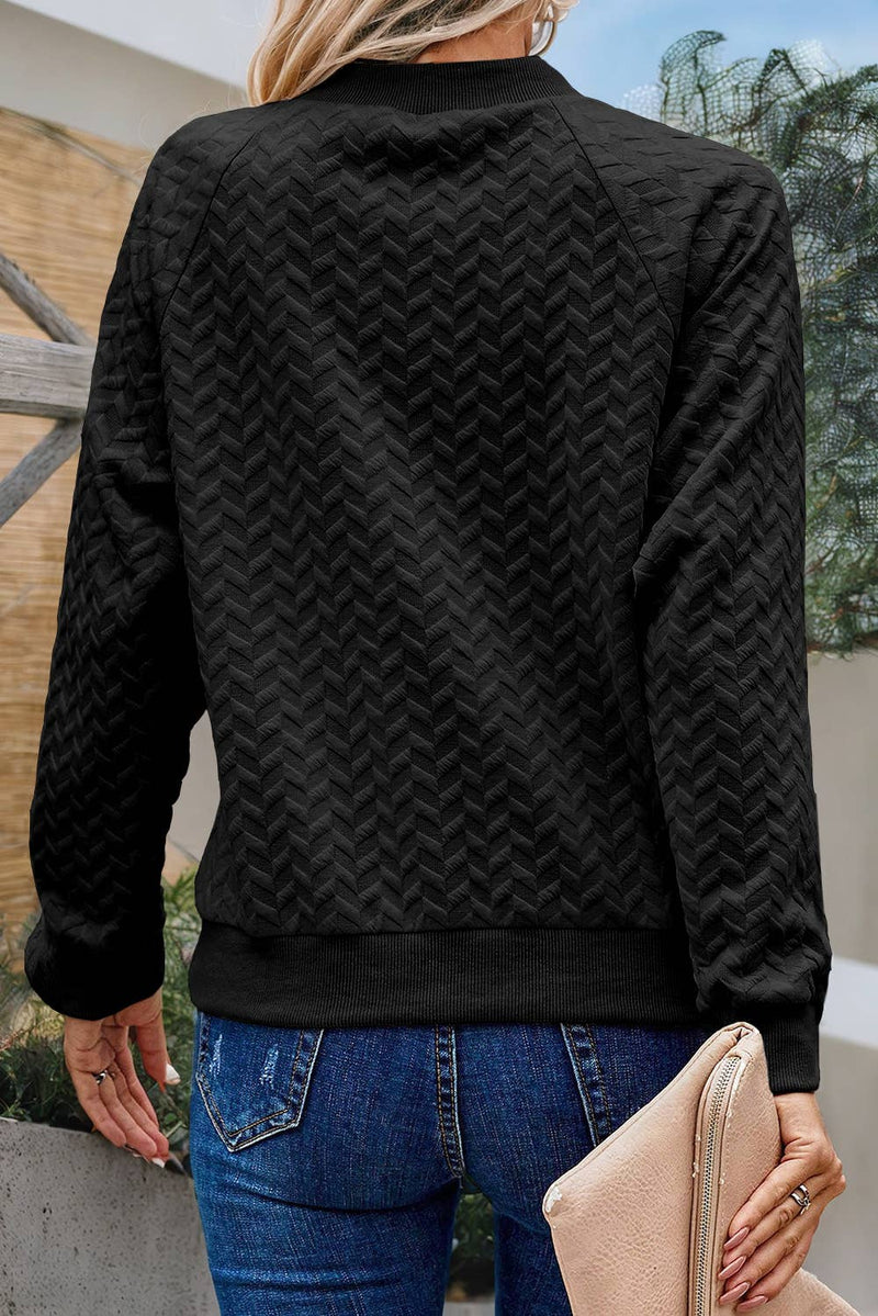 Solid Textured Raglan Sleeve Pullover Sweatshirt: Black