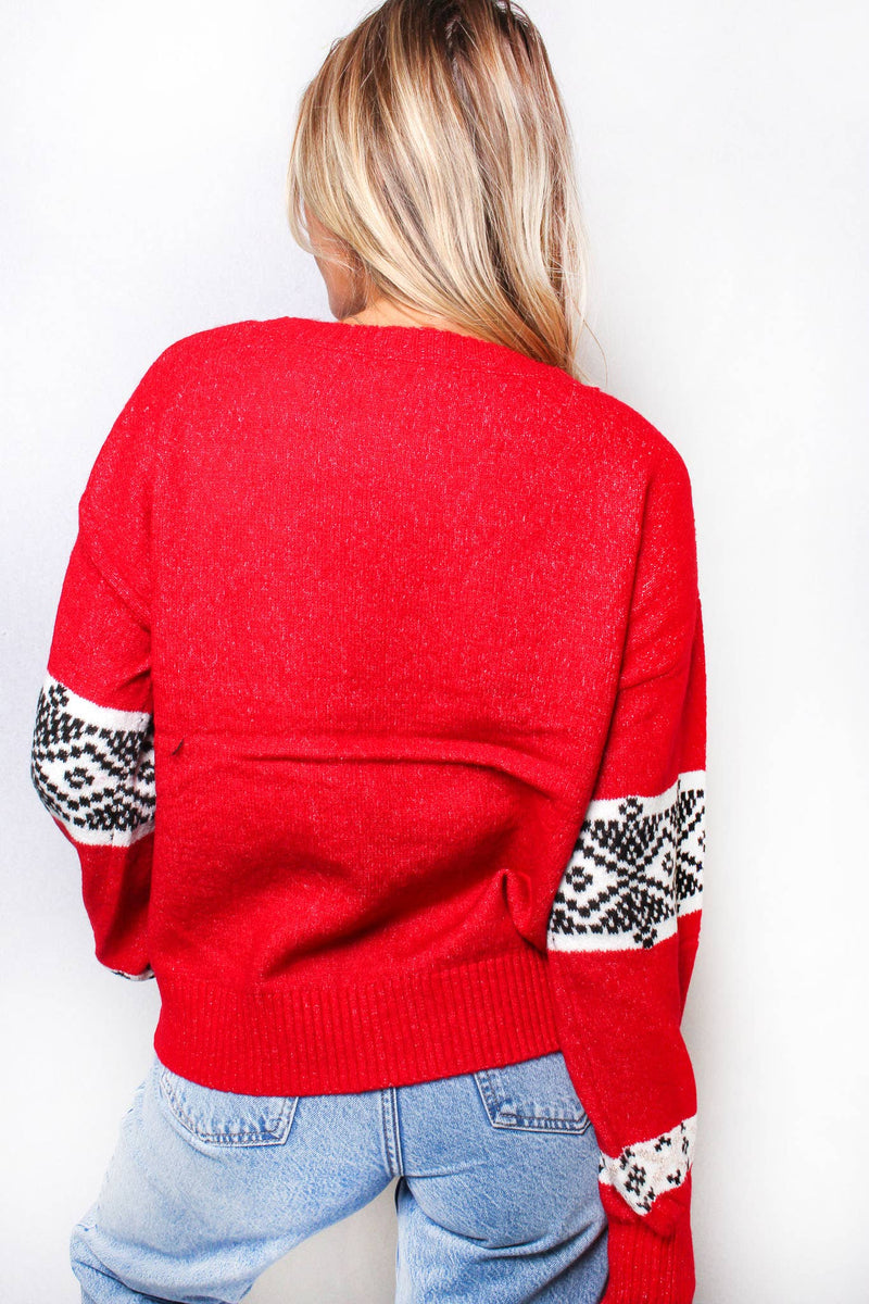 Women's Crew Neck Long Sleeves Knit Folklore Sweater