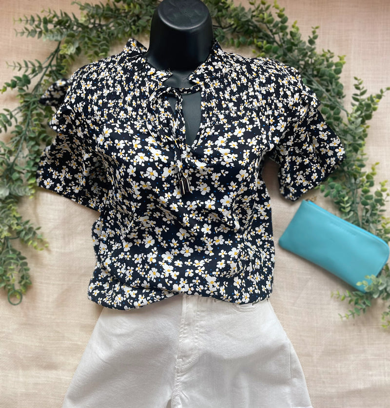 Petite Floral Short Sleeve Blouse With Smocked V-Neck & Tie