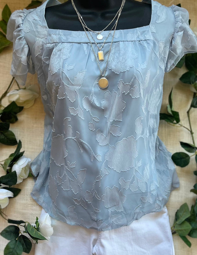 Dusty Blue Ruffle Cap Sleeve Floral Textured Top