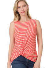 Striped Knot Front Sleeveless Top In Lt Olive or Deep Coral