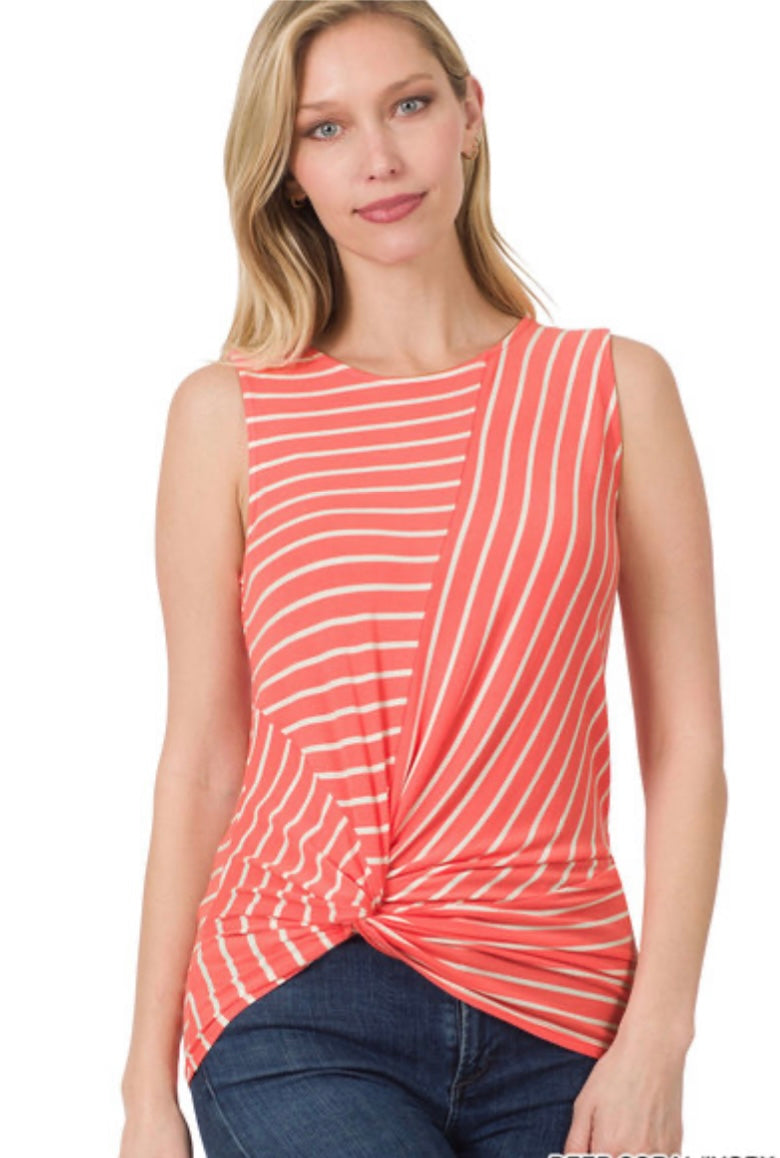 Striped Knot Front Sleeveless Top In Lt Olive or Deep Coral