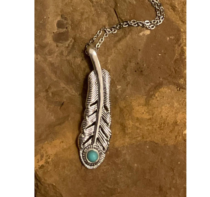 Silver Feather Necklace With Turquoise Bead