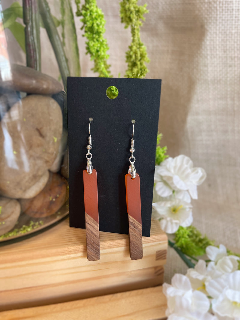 Two Toned Rectangle Wood & Resin Drop Earrings