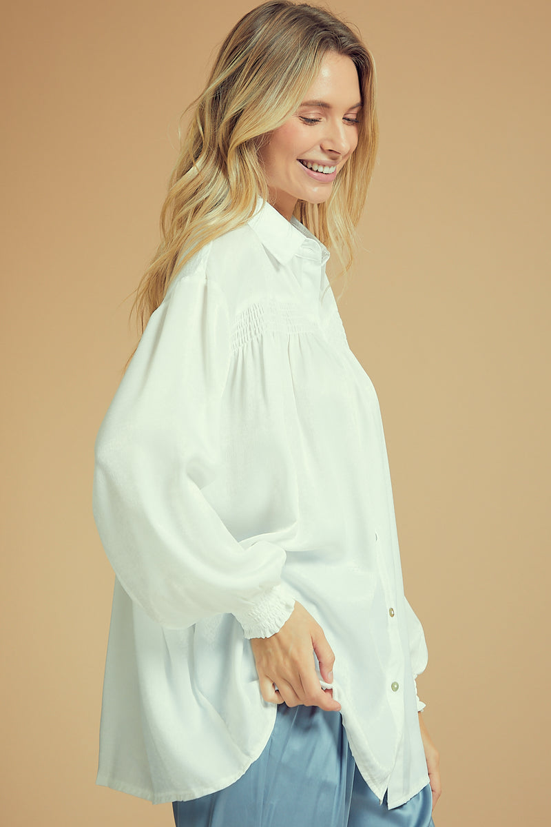 Silky Satin Oversized Shirts With Ruching in Green or White