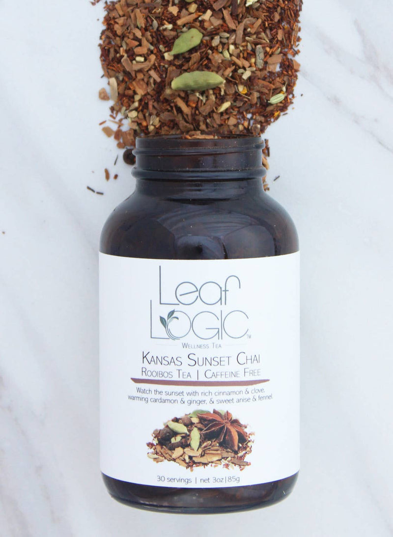 Kansas Sunset Chai Loose Leaf Tea in an Amber Refillable Jar