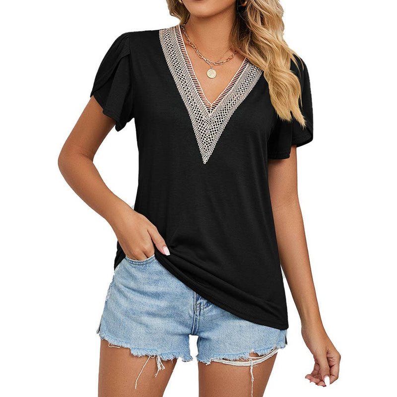 Petal Short Sleeve Top With Lace Trim V-neck