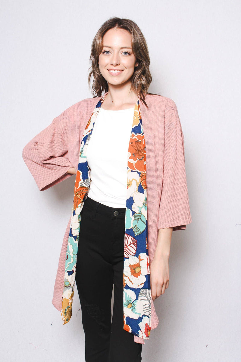 Waffle Knit Kimono With Contrast  Floral Lapels