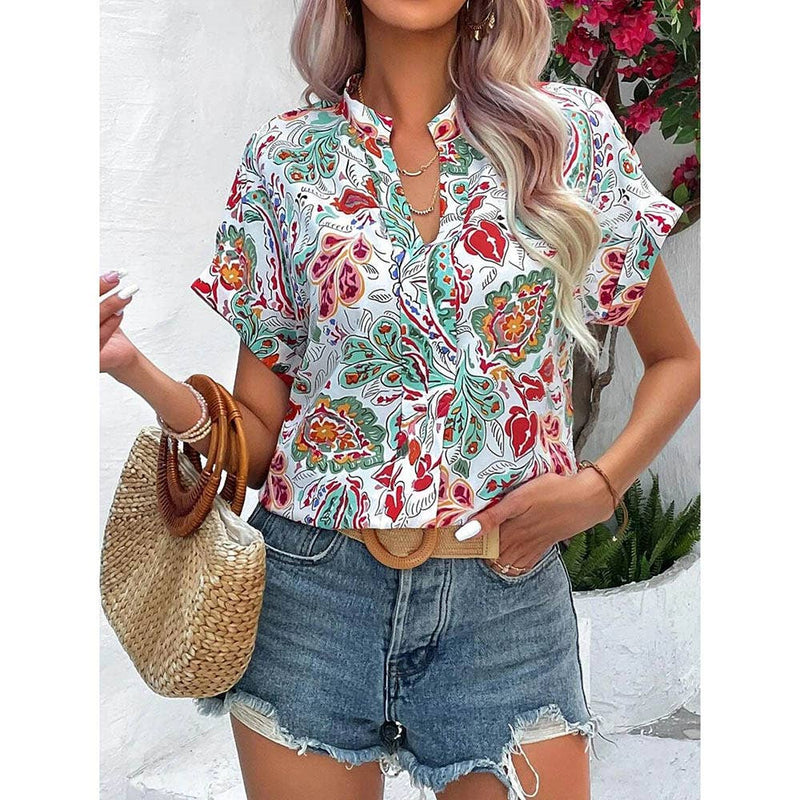 Floral Print V-Neck Blouse With Cuffs & Pleat Detail