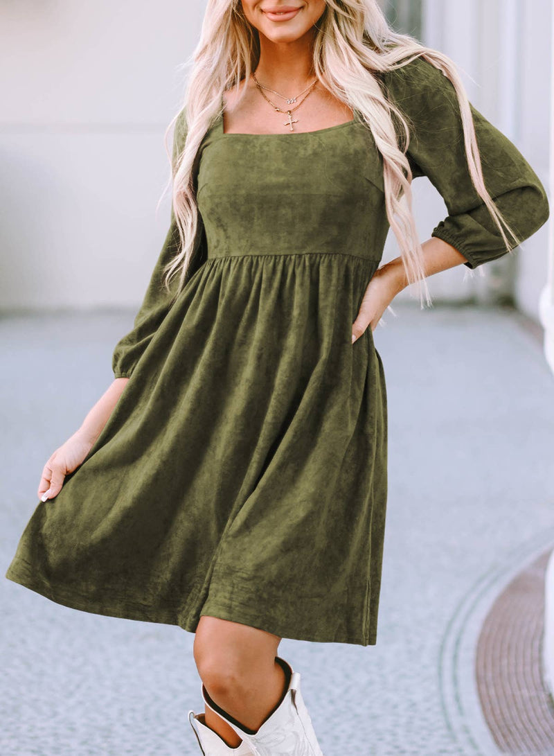 Suede Square Neck Puff Sleeve Dress