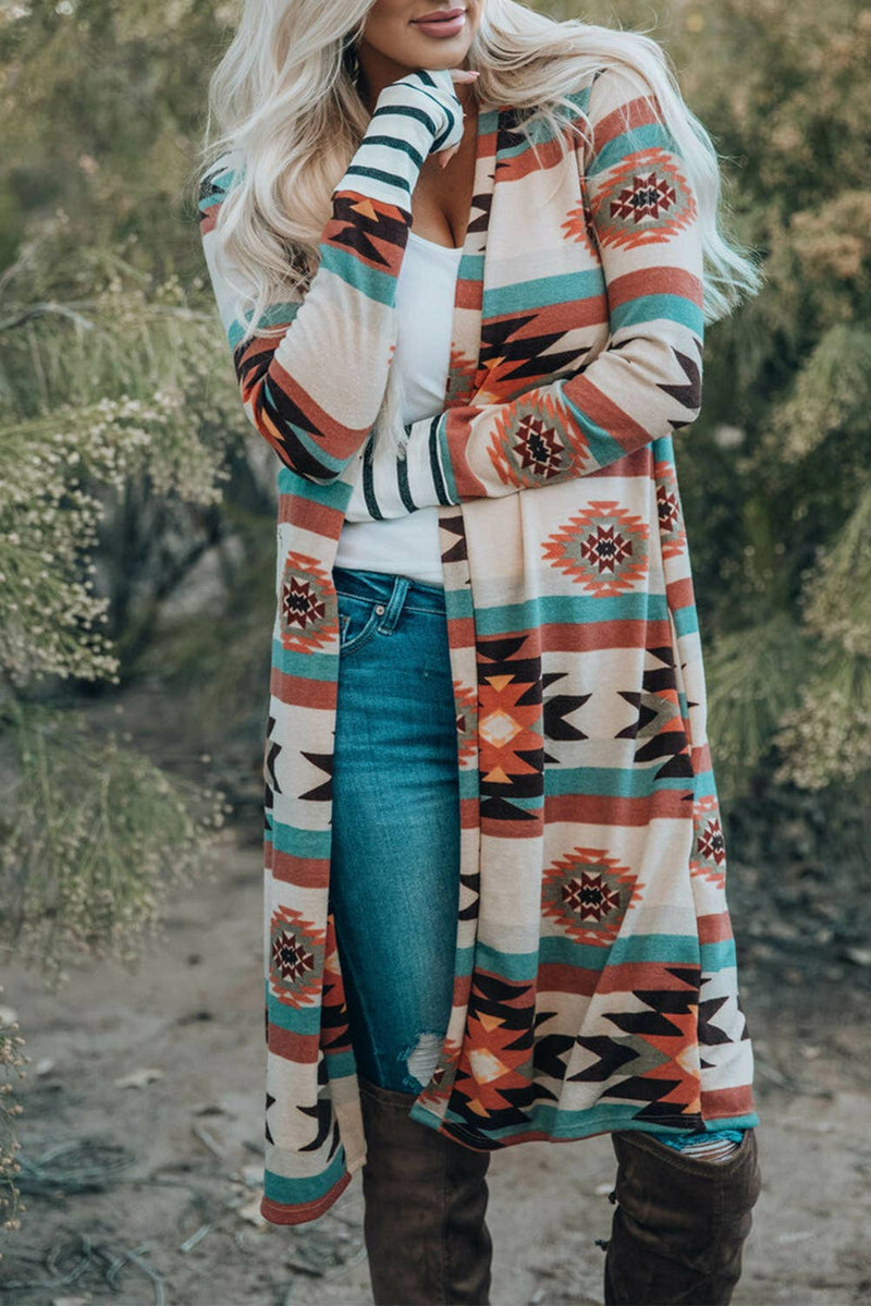 Western Inspired Geometric Color Block Open Front Long Cardigan