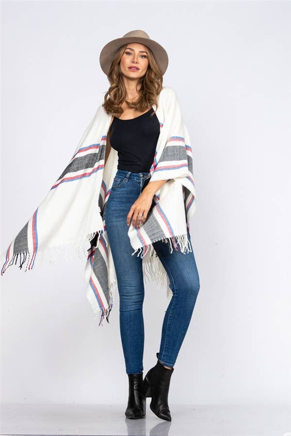 OFF WHITE  MADRAS PRINT FRINGED COVER-UP PONCHO