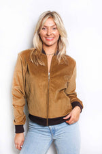 Golden Brown Women's Long Sleeve Lined Corduroy Bomber Jacket