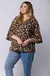Pus Size Chocolate Leopard Print Flounce Sleeve Knit Top