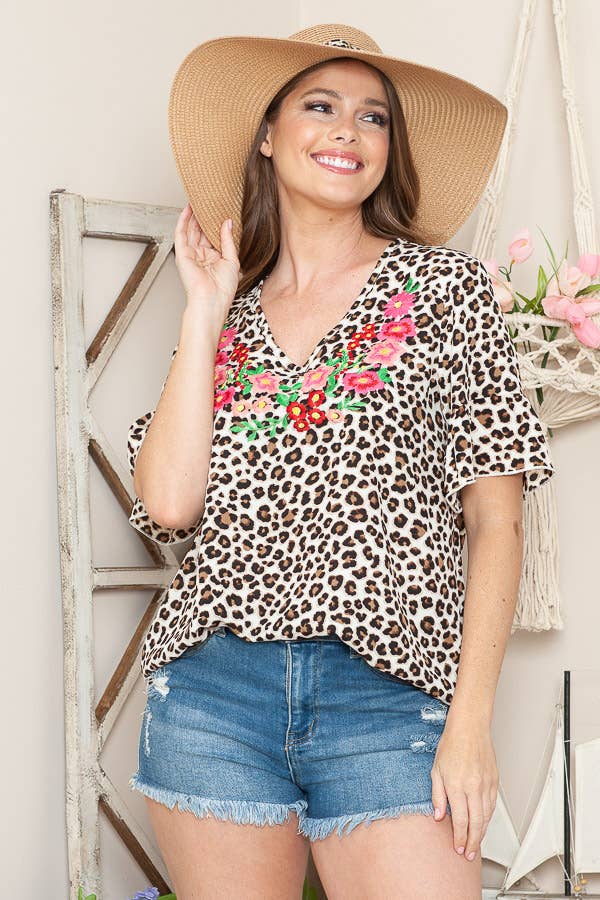 Leopard Print Flutter Sleeve Top With Floral Embroidery