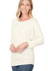 Shirred 3/4" Length Sleeve Top in Deep Green, Ivory, Or Ruby