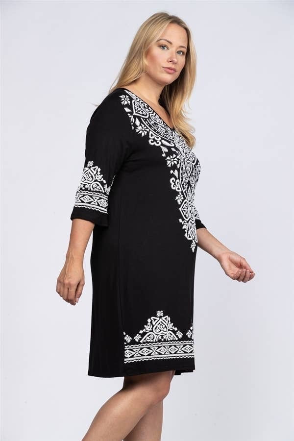 Plus Size Black & White Embroidered Shift Dress