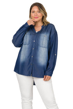 Plus Size Chambray Long Sleeve Long-line Top in Midnight Blue