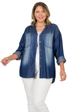 Plus Size Chambray Long Sleeve Long-line Top in Midnight Blue