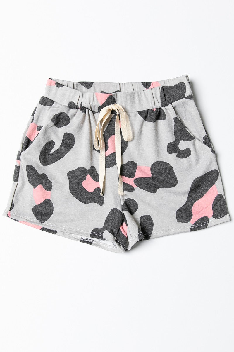 Grey & Pink Jersey Drawstring Leopard Print Shorts