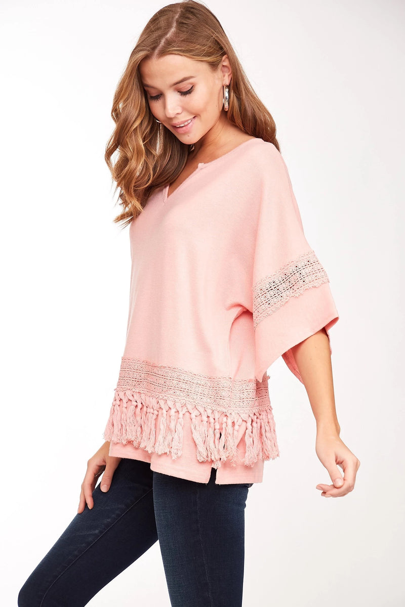 Pink Kimono Style Knit Top With Fringe