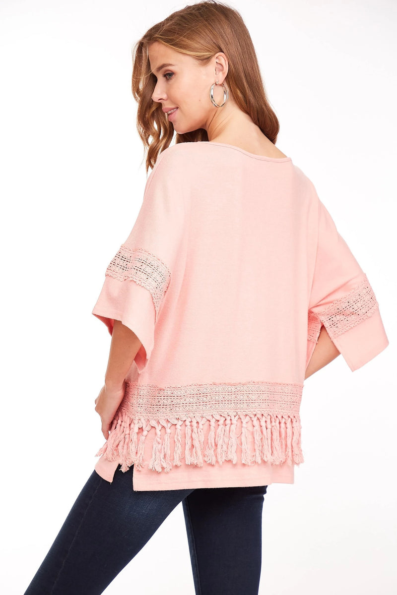 Pink Kimono Style Knit Top With Fringe