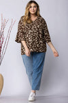 Pus Size Chocolate Leopard Print Flounce Sleeve Knit Top