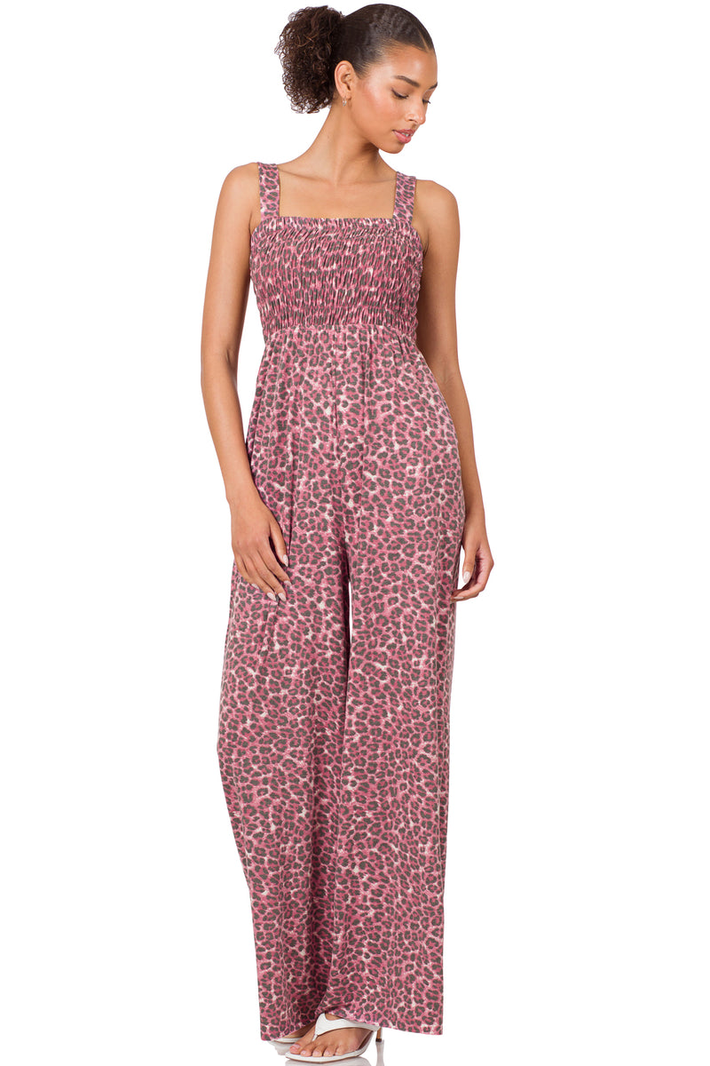 Leopard Smocked Top Wide Leg Jumpsuit With Pockets
