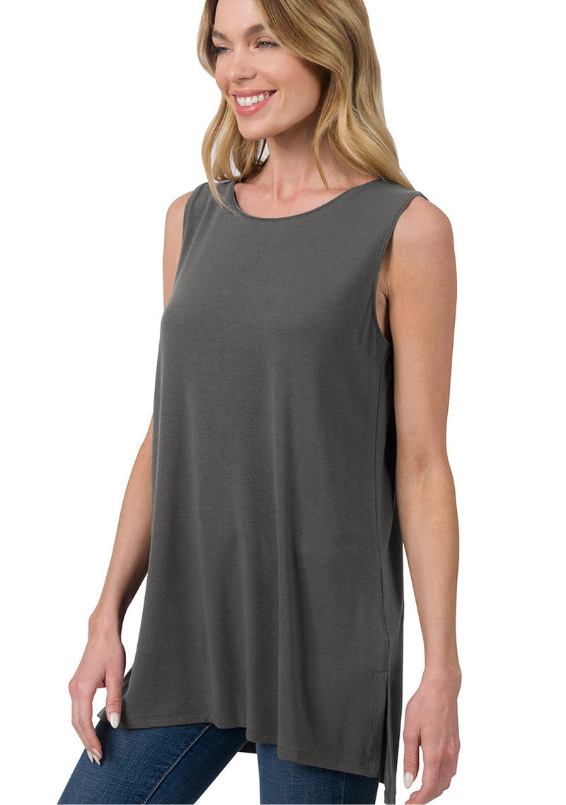 Loose Fit Rounded Neck High-Low Hem Tanks