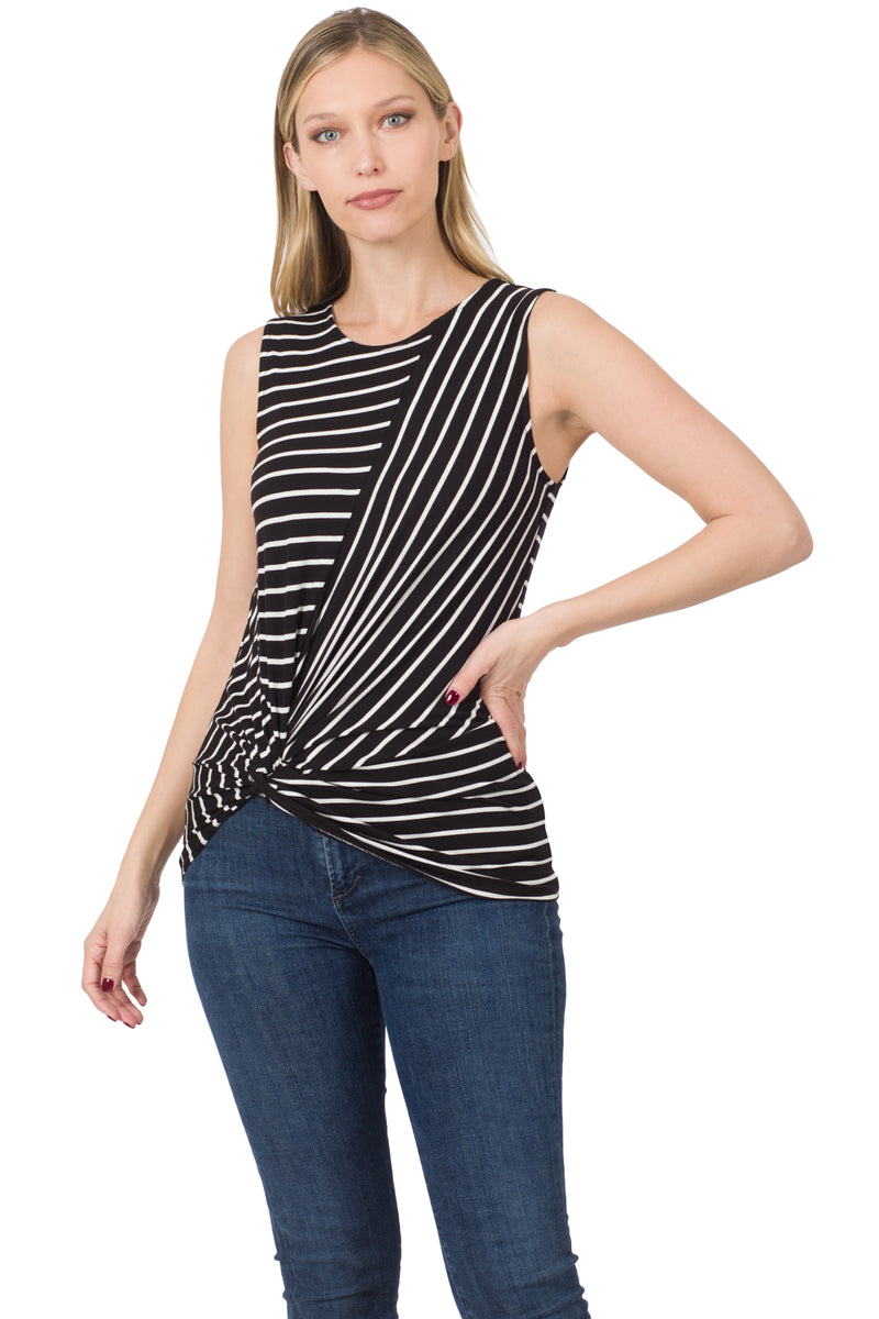 Plus Size Striped Knot Front Sleeveless Top In Black & White