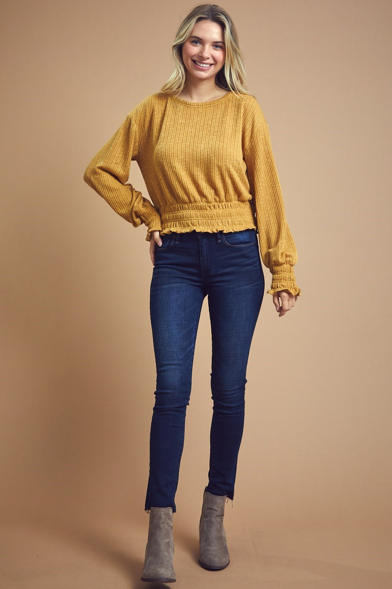 Ribbed Long Sleeve Pullover In Mustard