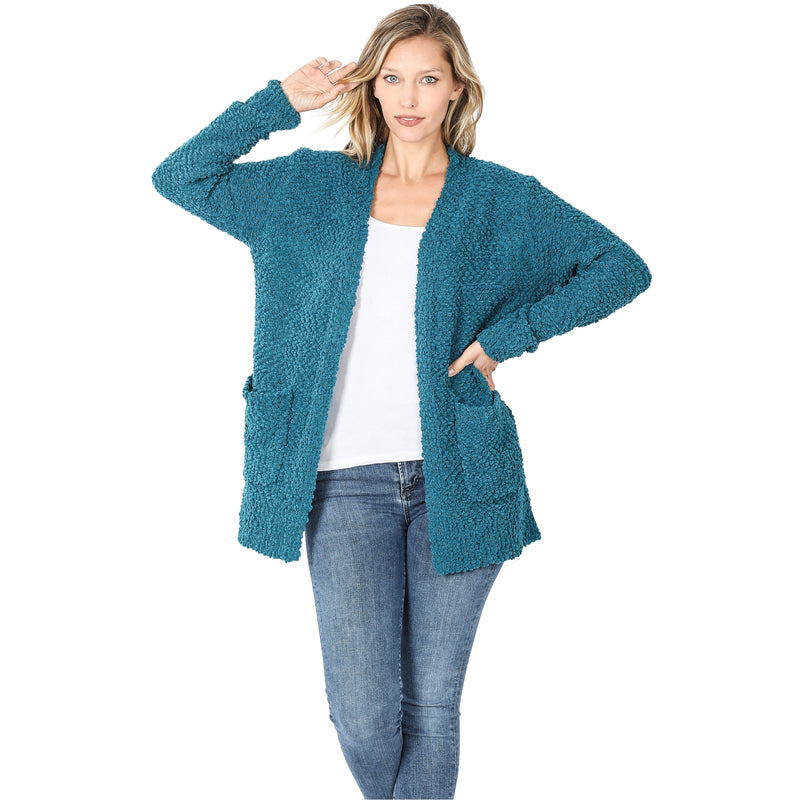 Teal Puff Sleeve Popcorn Cardigan With Pockets