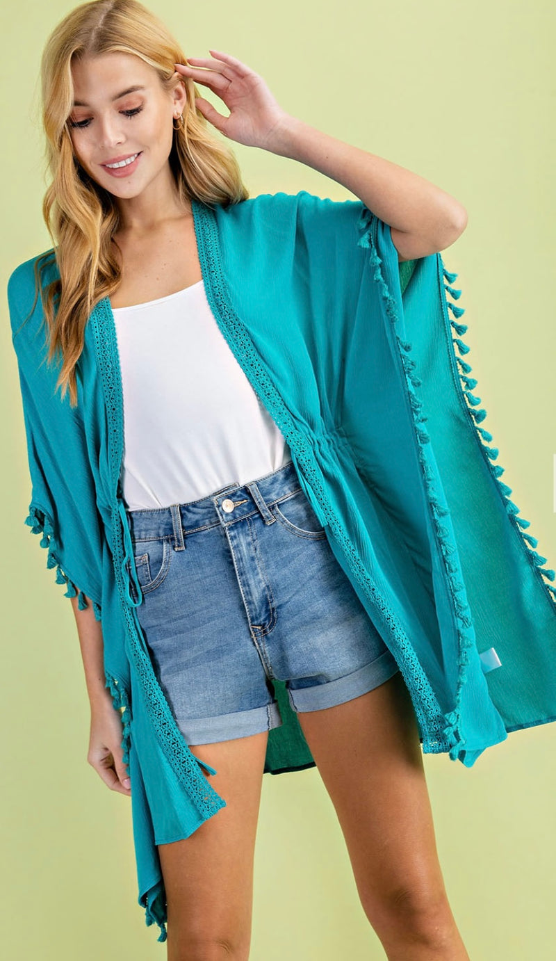 Turquoise Tassel Lace Open Front Cardigan