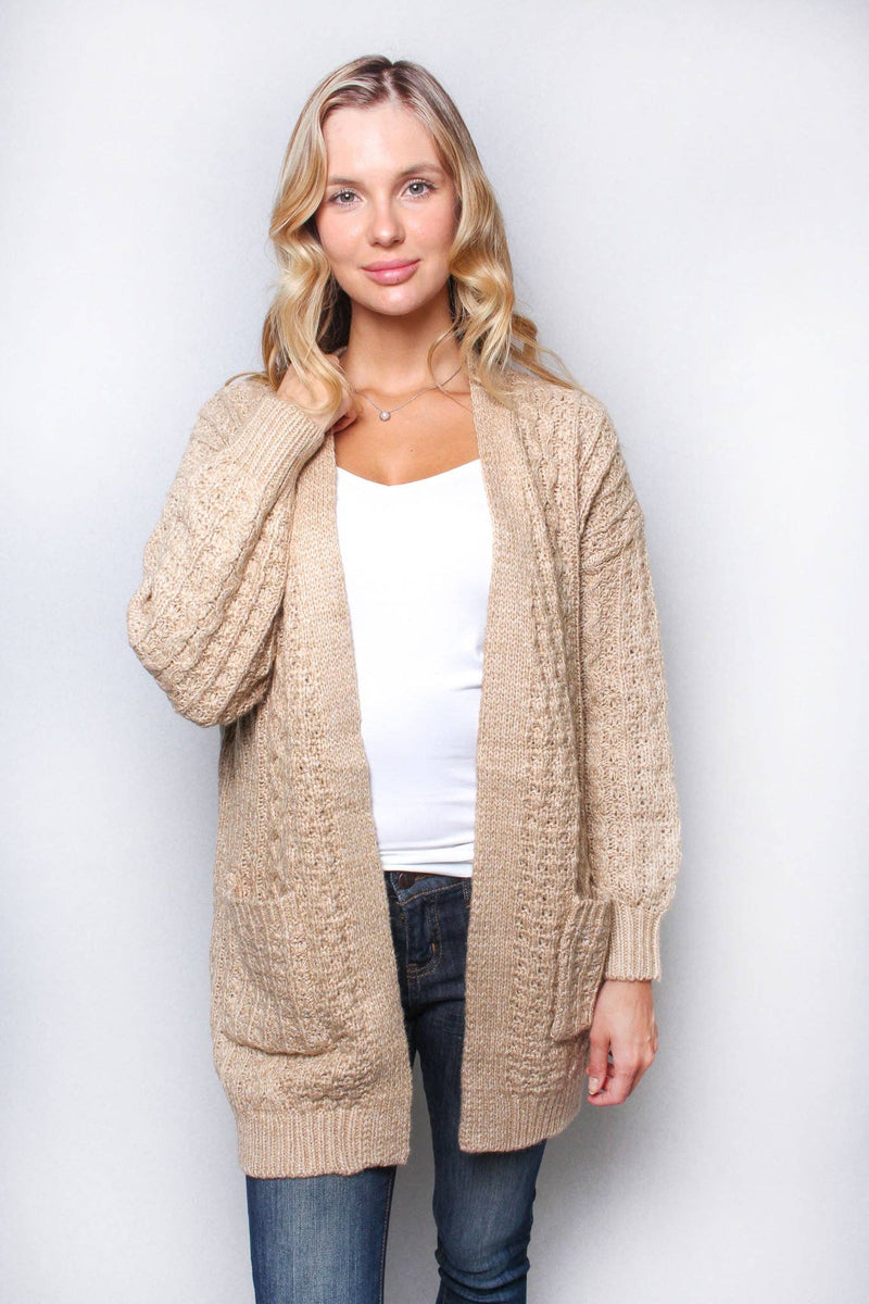 Long Sleeve Cable Knit Pocket Cardigan In Tan