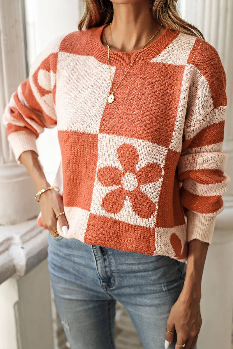 Fun Floral, Checkered Print, Striped Sleeve Sweater