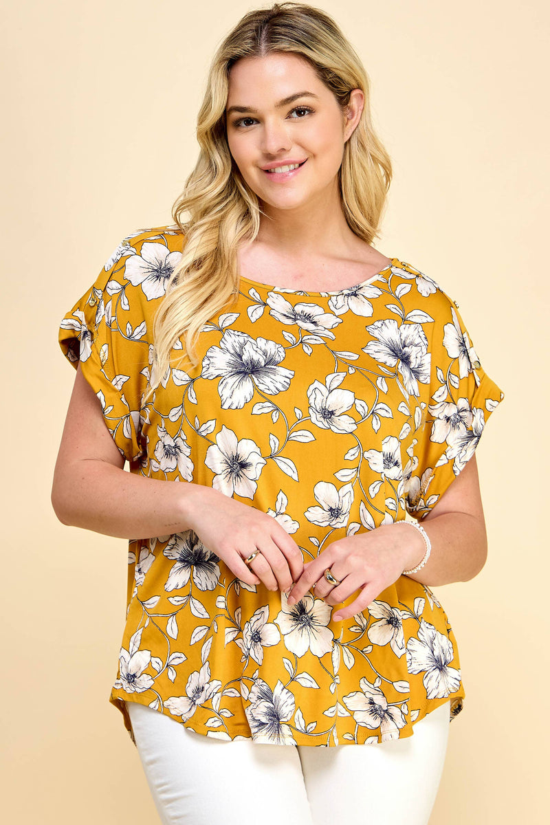 Winslow-Plus Size Dolman Short Sleeve Floral Mustard Top