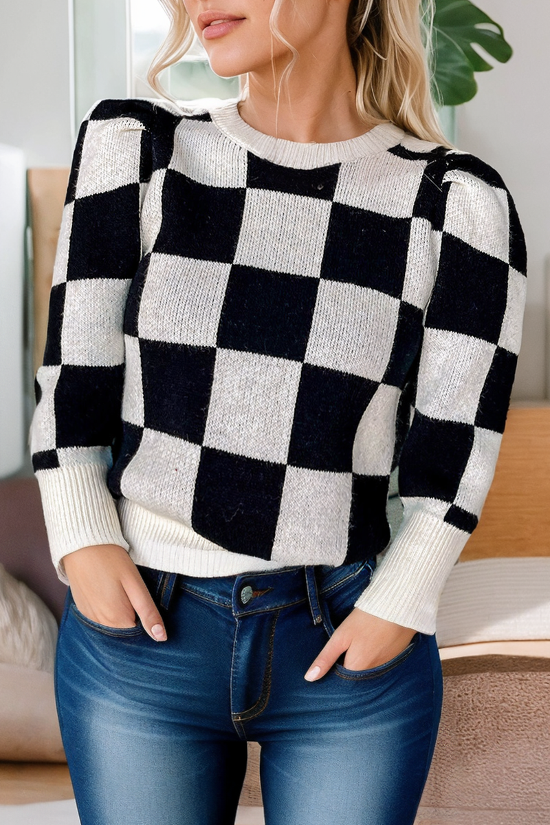 Little Daisy Closet - The Space Between Checkered Bracelet Sleeve Plaid Sweater: Black / Missy / S