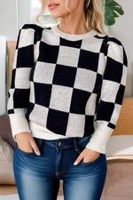 Little Daisy Closet - The Space Between Checkered Bracelet Sleeve Plaid Sweater: Black / Missy / XL