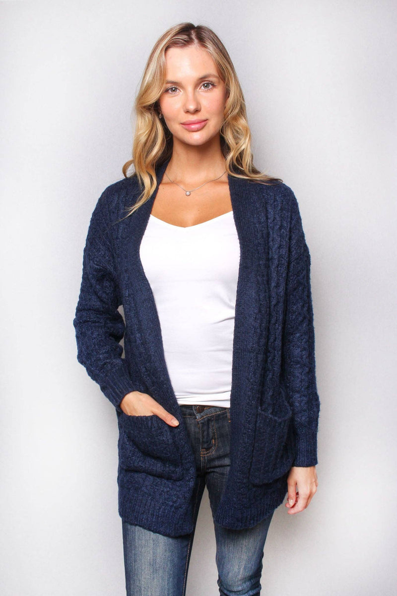 Long Sleeve Cable Knit Pocket Cardigan In Navy