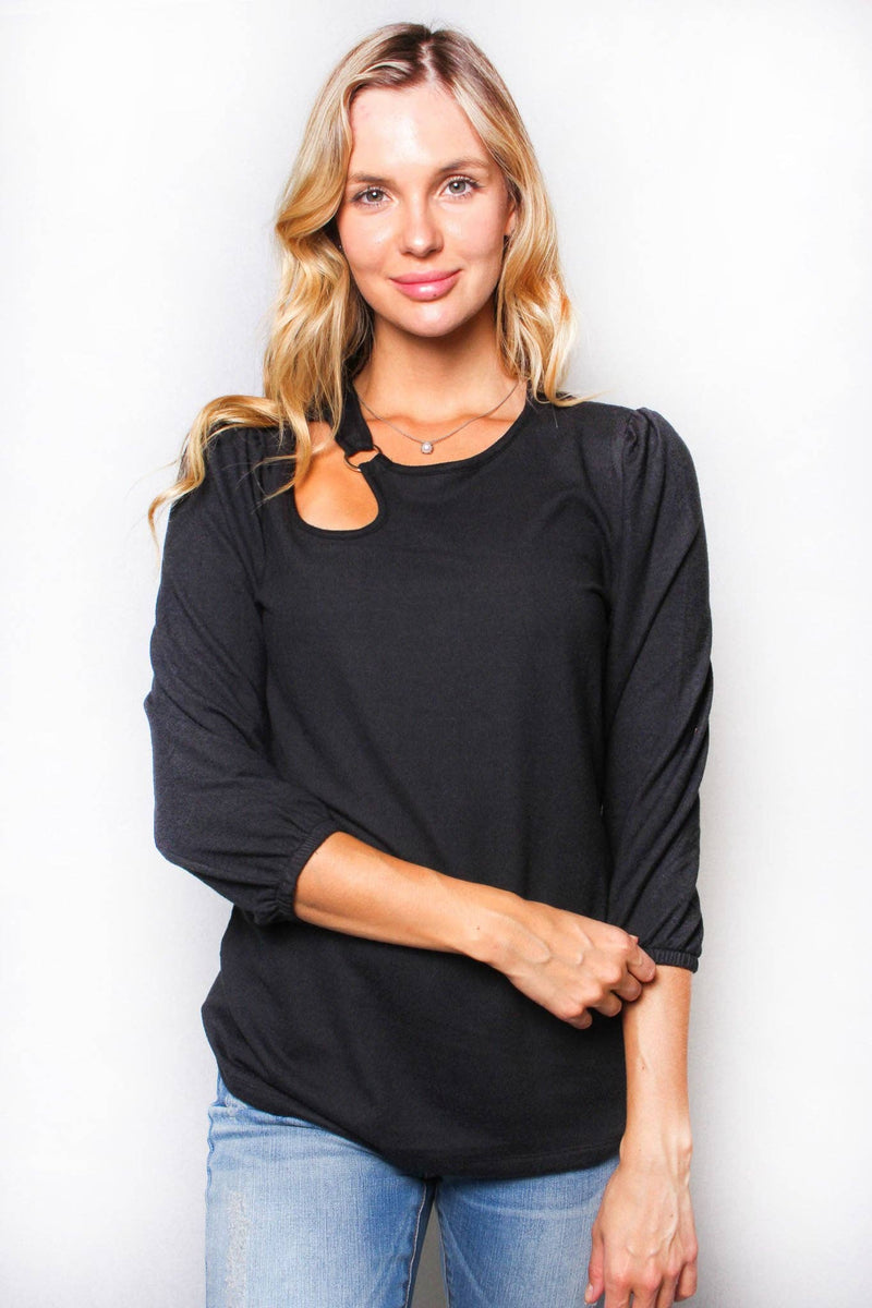 Soft Black 3/4 Sleeve Open Front Solid Knit Top